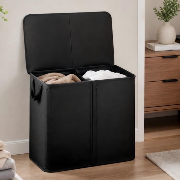 Norcho Double Laundry Hamper with Lid, Divided Laundry Basket with Removable Bags and Handles, Large Separated Clothes Basket, Black