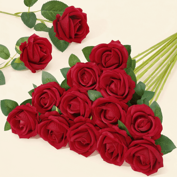 Norcho 12 Pcs Red Artificial Roses Bulk, Fake Long Stem Silk Flowers for DIY Wedding Bouquets Centerpieces Valentine Decor