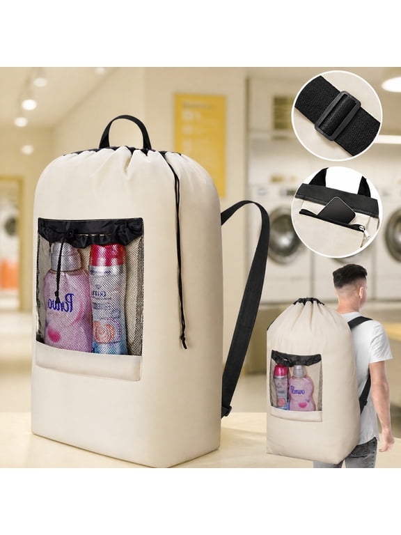 120L Large Laundry Backpack, Heavy Duty with Mesh Pocket & Shoulder Straps for Dorm, Travel, Khaki