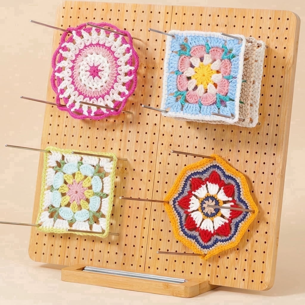 Norcho 14.4" Bamboo Crochet Blocking Board with 36 Pegs, Granny Square Mats for Knitting and Crocheting Projects