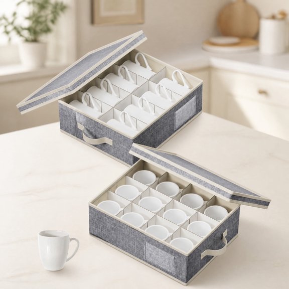 Norcho 2 Pack Coffee Mug Storage Box with Dividers, Stackable Hard Shell Cup Organizer with 24 Cells, Foldable Dustproof Cup Storage Containers for Moving