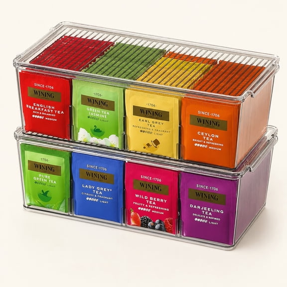 Norcho 2-Pack Tea Bag Organizer with Lid, Plastic Tea Bag Storage Box with 16 Compartments, Stackable Tea Packet Holder for Cabinet, Pantry, Countertop, Sugar Packets & Sweetener Sachets, Black