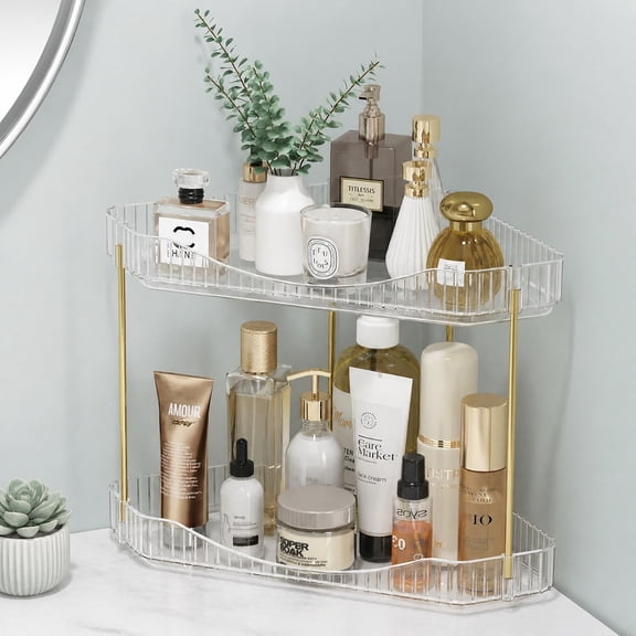 Norcho 2-Tier Corner Bathroom Counter Organizer, Plastic Makeup & Skincare Storage Shelf, Large Countertop Cosmetic & Perfume Organizer for Bathroom, Bedroom, Kitchen & Vanity, Clear