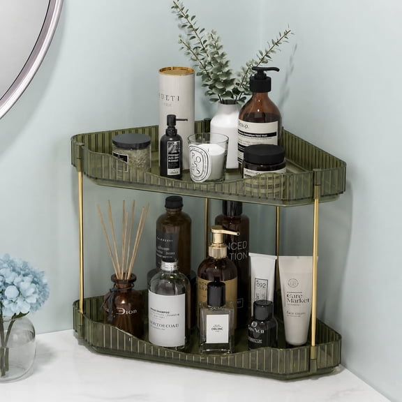 Norcho 2-Tier Corner Bathroom Counter Organizer, Plastic Makeup & Skincare Storage Shelf, Large Countertop Cosmetic & Perfume Organizer for Bathroom, Bedroom, Kitchen & Vanity, Green
