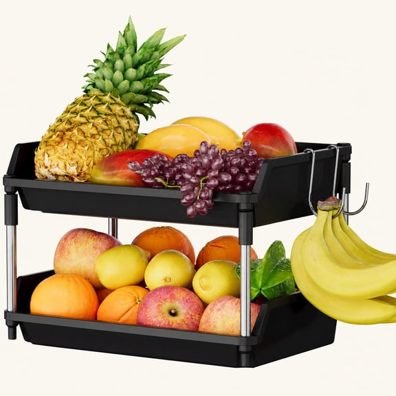 Norcho 2 Tier Fruit Basket for Kitchen Counter with Banana Hanger, Fruit Bowl and Vegetable Storage Stand Organizer for Bread, Snacks and Produce