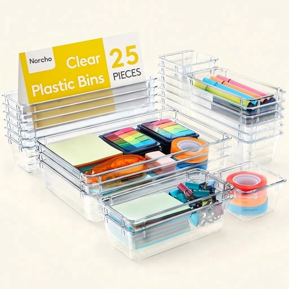 Norcho 25 Pcs Clear Plastic Drawer Organizer Set, Desk Dividers Trays, Storage Bins for Makeup Jewelry Gadgets, Bedroom Bathroom Office