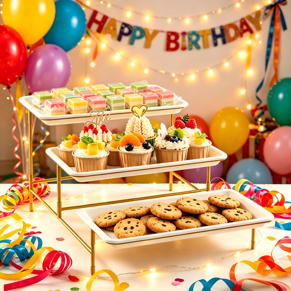 Norcho 3 Tiered Tray, 12" x 6.5" Plastic Serving Tray for Party, Cookie Platter, Dessert Tray, Cupcake Stand, Gold