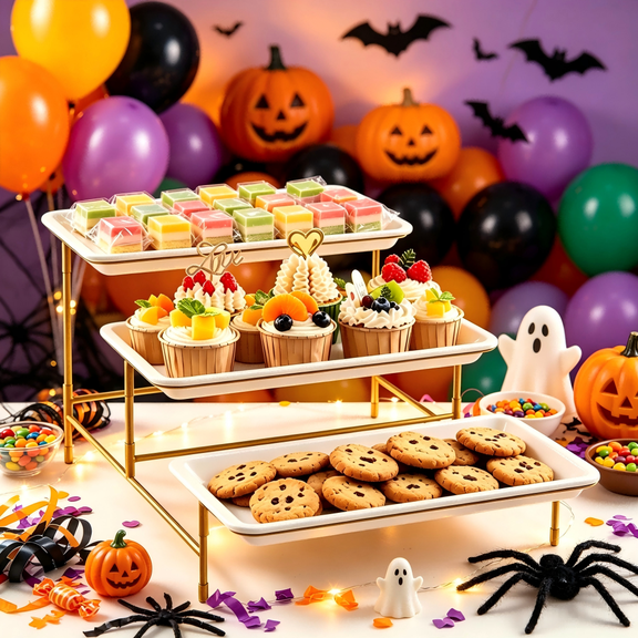 Norcho 3 Tiered Plastic Serving Tray, Cookie & Dessert Platter, 12" x 6.5" Cupcake Stand, Gold