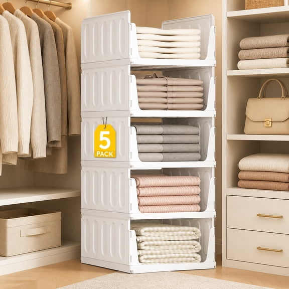 Norcho 5 Pack Stackable Closet Organizers & Storage Baskets for Clothes, Plastic Sweater Storage Bins for Wardrobe, Shelves, Pantry, Kitchen, RV & Dorm