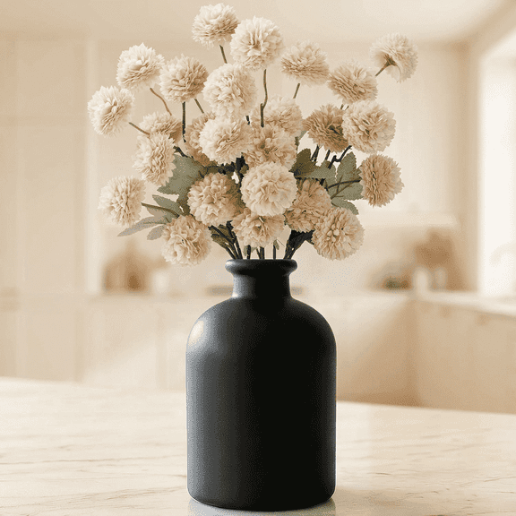 Norcho 5 Pcs Beige Artificial Silk Mums Ball Flowers Long Stems, Fake Chrysanthemums Pom Pom for Vase Home Wedding Decor