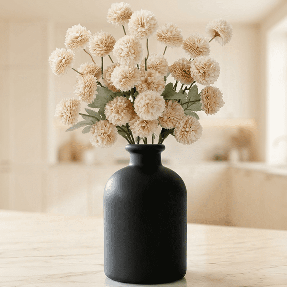 Norcho 5 Pcs Beige Artificial Silk Mums Ball Flowers Long Stems, Fake Chrysanthemums Pom Pom for Vase Home Wedding Decor