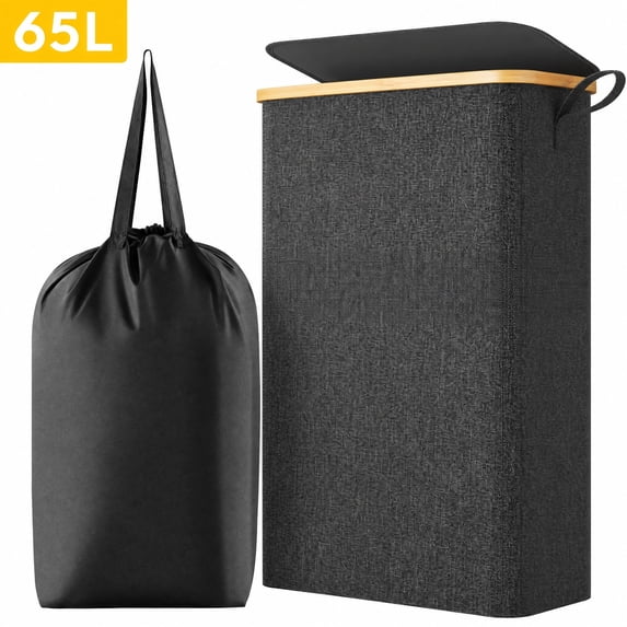 Norcho 65L Slim Laundry Hamper with Lid, Narrow Collapsible Laundry Basket with Removable Bag and Bamboo Handles, Dark Gray