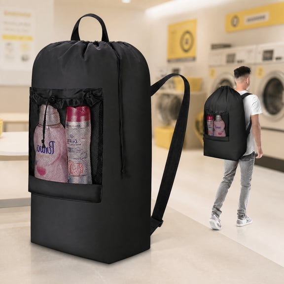 Norcho 90L Large Laundry Backpack, Heavy Duty with Mesh Pocket & Shoulder Straps for Dorm, Travel, Black