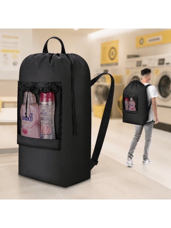 90L Large Laundry Backpack, Heavy Duty with Mesh Pocket & Shoulder Straps for Dorm, Travel, Black