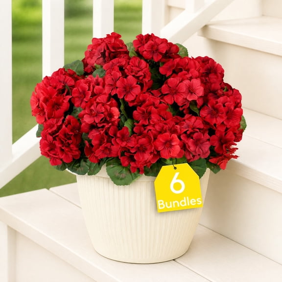 Norcho Artificial Geraniums, UV Resistant, 6 Pcs, Red, for Indoor/Outdoor