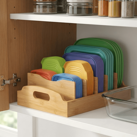 Bamboo Lid Organizer for Plastic Lids, 6 Compartments Food Container Lid Organizer, Lid Storage Organizer for Cabinet