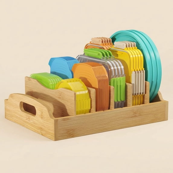 Norcho Bamboo Lid Organizer for Cabinet, Adjustable Food Storage Container Lid Holder with 5 Inserts and 6 Compartments, 13.2" x 10" for Kitchen Pantry Organization