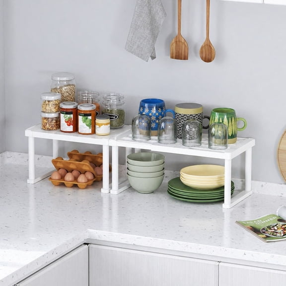 Norcho Cabinet Shelf Organiser, Expandable Countertop Kitchen Shelves, Plastic Shelf Riser for Pantry Kitchen Storage and Spice Rack, Set of 2, 16 x 8 x 7 inch (40 x 21 x 18 cm)