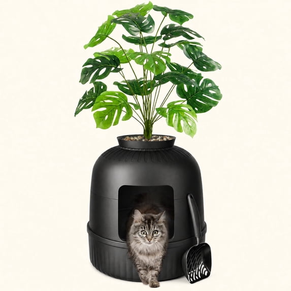 Norcho Hidden Cat Litter Box Enclosure, Plant Corner Furniture with Stainsteel Scoop, Black