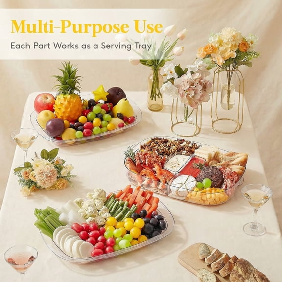Norcho Chilled Serving Tray for Parties, 15-Inch Divided Shrimp Cocktail Serving Dish with Lid, Plastic Taco and Ice Serving Platter for Veggies, Fruit, Salad, and Buffet Use
