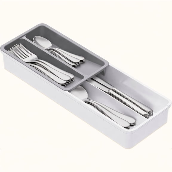 Norcho Compact Silverware Organizer for Kitchen Drawer, Narrow Flatware Tray Holder for Spoons, Forks, and Knives, White & Gray