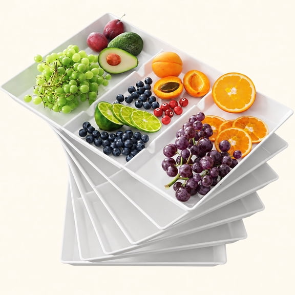 Norcho Divided Serving Tray for Party Supplies, 6 Pack 15" x 10" Plastic Food Serving Platters, Reusable White Tray for Veggies, Snacks, Fruit, Cookies & Desserts