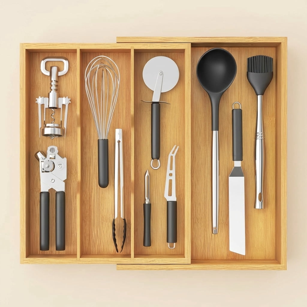 Norcho Expandable Bamboo Utensil Organizer Tray, Adjustable Cutlery and Flatware Holder for Kitchen Drawer, 11.9–21.7 x 15.75"