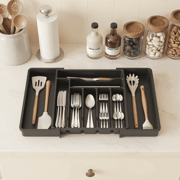 Norcho Expandable Utensil Organizer Drawer, Adjustable Cooking Silverware Tray, Plastic Spatula Tools Divider ,Black