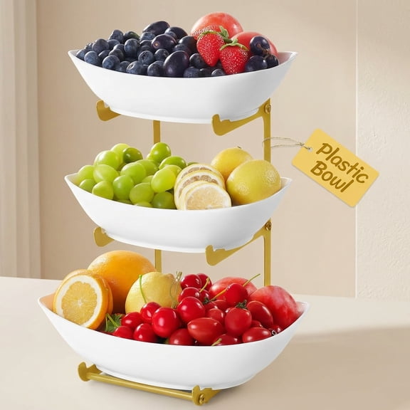 Norcho Plastic Fruit Bowl Basket for Kitchen Countertop, 3-Tier Fruit Holder with Glod Metal Stand, Serving Tray for Fruits, Vegetables, Cakes, and Desserts for Parties