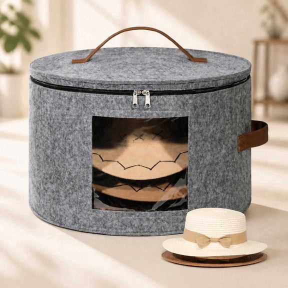 Norcho Round Hat Box for 7 Caps, Felt, Foldable, 16.5"x10.6", Gray, 1 Pack