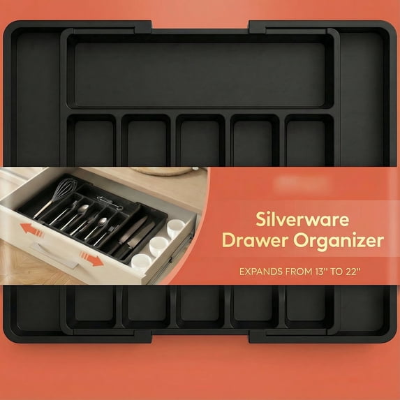 Norcho Silverware Drawer Organizer, Expandable Utensil Tray for Kitchen, Cutlery and Flatware Holder, Adjustable Storage for Spoons, Forks and Knives, 13–22 x 15", Black