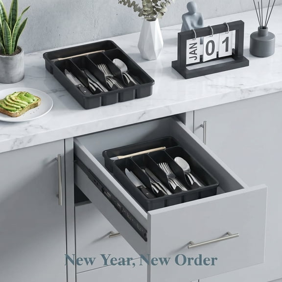 Norcho Silverware Drawer Organizer Tray, Plastic Cutlery and Utensil Holder Divider for Spoons, Forks, Knives and Tableware, 5 Slots, 9.1 x 12.6 Inch, Black