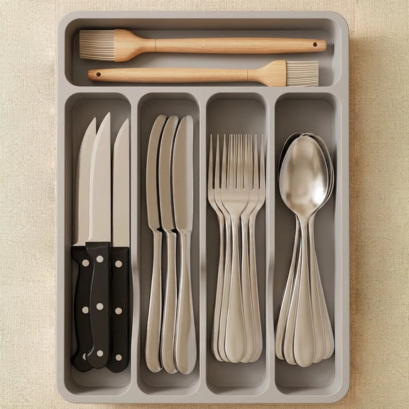 Norcho Silverware Drawer Organizer Tray, Plastic Cutlery and Utensil Holder Divider for Spoons, Forks, Knives and Tableware, 5 Slots, 9.1 x 12.6 Inch, Gray