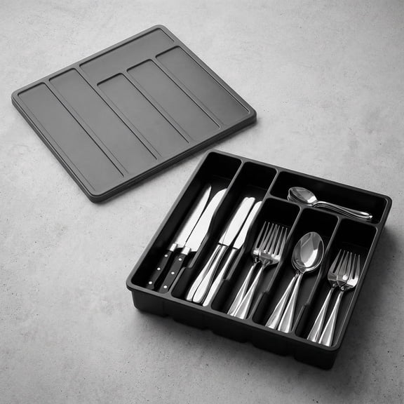 Norcho Silverware Organizer with Lid, Covered Utensil Tray for Kitchen Drawer and Countertop, 12.6 x 11.8", Plastic Cutlery and Flatware Holder, Black