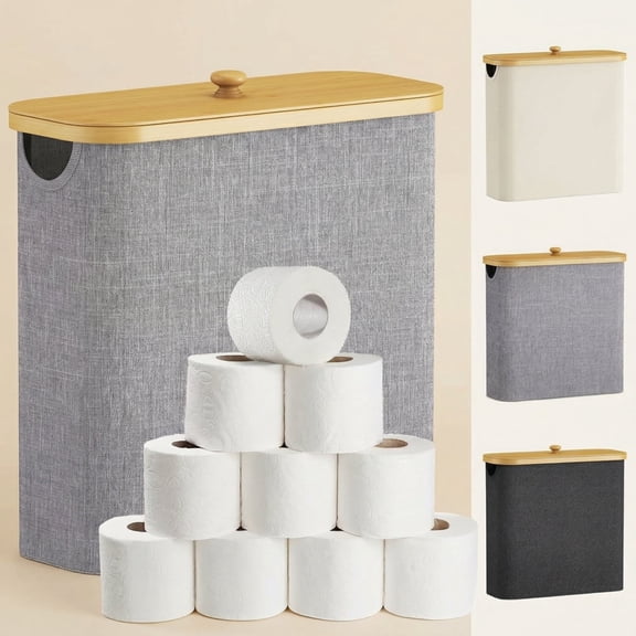 Norcho Collapsible Fabric Toilet Paper Storage Holder for 12–16 Rolls, Freestanding Toilet Paper Basket with Bamboo Lid,  , 30L, Light Gray