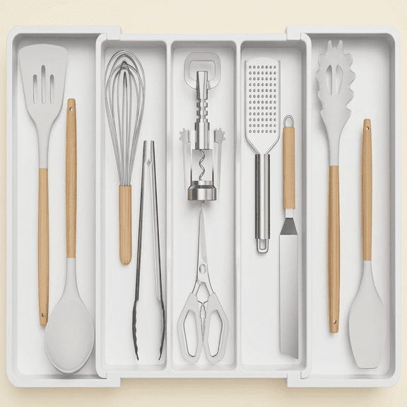 Norcho Utensil Organizer for Kitchen Drawers, Expandable, Adjustable, Plastic, White, 13-22"x15"