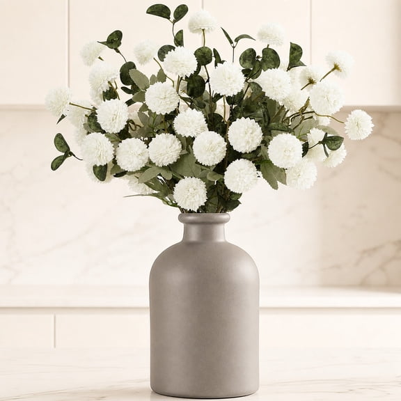 Norcho White Artificial Flower for Vase, 10 Pcs Faux Silk Mum Balls + 2 Eucalyptus Stems, Fake Small Kiku for Floral Arrangement, Pom Pom Centerpiece