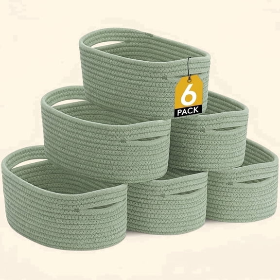 Norcho Woven Baskets, Cotton Rope Cube Storage Bins, Small Shelf Baskets, Round Caddy for Closet/Living/Bedroom/Playroom, Green, 6 Pack, Back to School