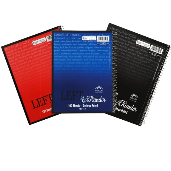 Norcom 3 Pack 100 Count Left-Handed Spiral Notebook, College Ruled (Black, Blue, and Red)