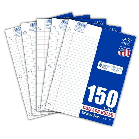 Norcom 5-Pack Filler Paper, 150 Sheets, College Ruled, 10.5" x 8"