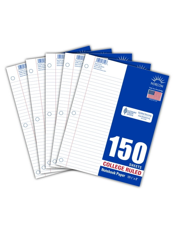 Norcom 5-Pack Filler Paper, 150 Sheets, College Ruled, 10.5" x 8"