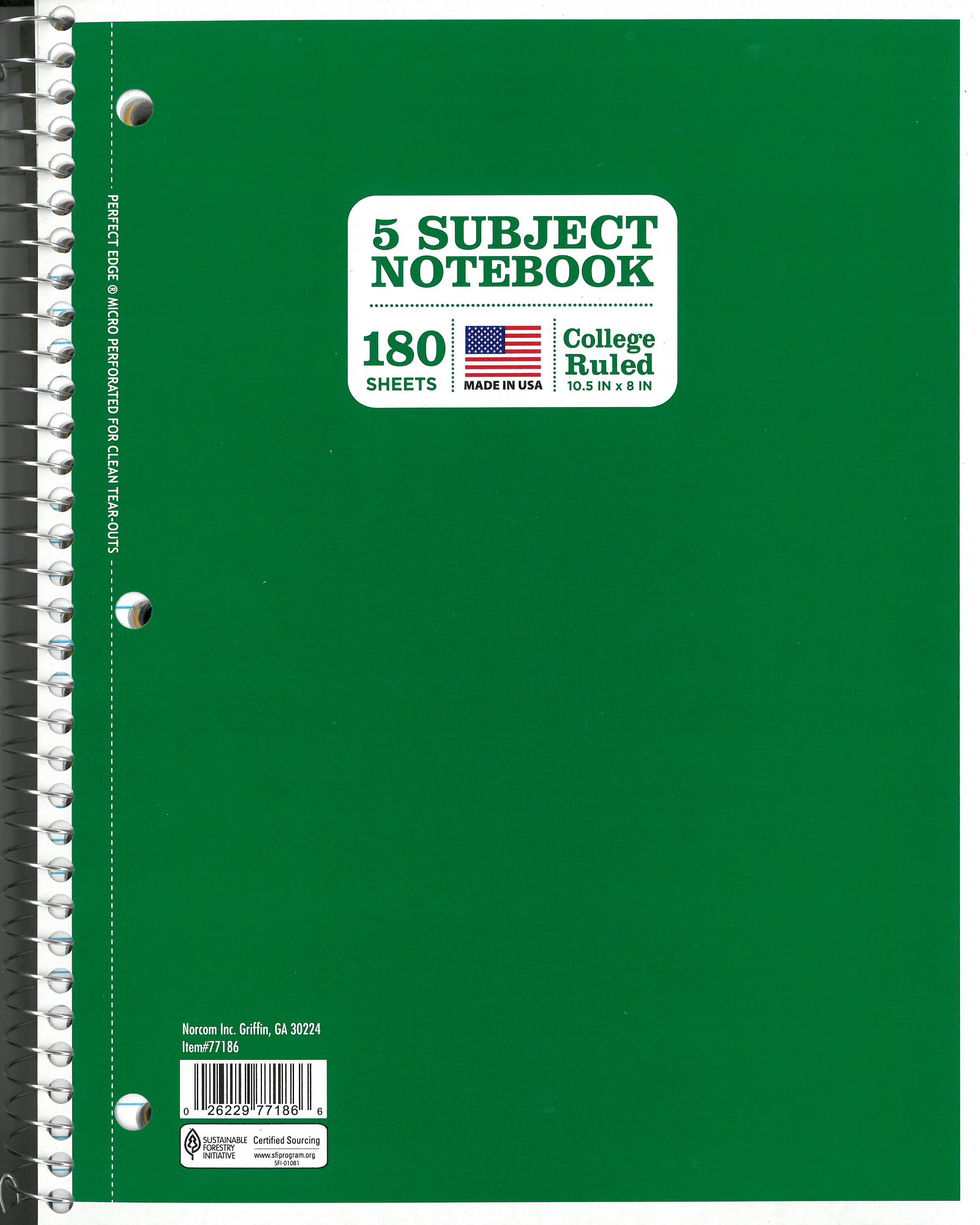 Norcom 5 Subject 180 Sheets Notebook, College Ruled, 10.5" x 8"