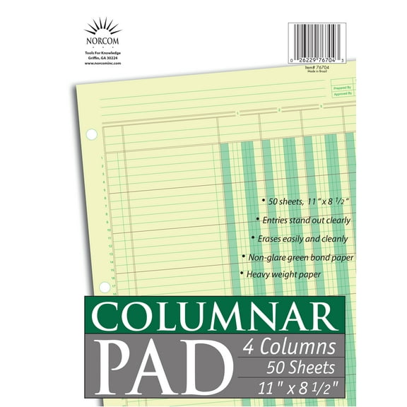 Norcom, Columnar Ledger Pad, 4 Columns, 8.5" x 11", Letter Size, 50 Sheets