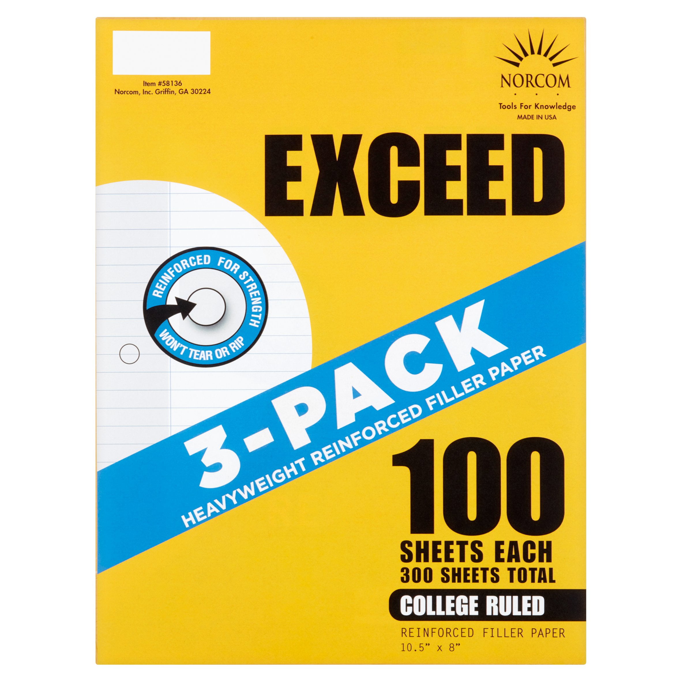 Exceed Reinforced Filler Paper, College Ruled, 100 Pages, 8" x