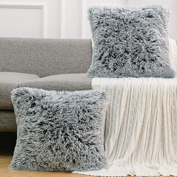 NordECO HOME Pack of 2 Luxury Soft Faux Fur Fleece Cushion Cover Pillowcase Decorative Throw Pillows Covers, No Pillow Insert, 20" x 20" Inch, Black Ombre, 2 Pack