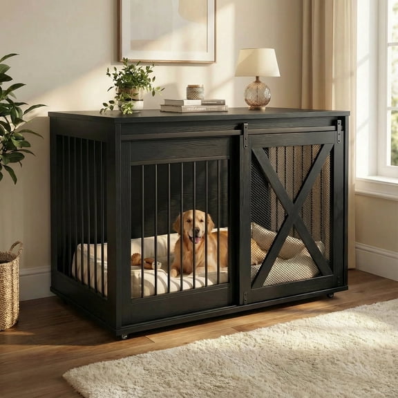 Nordee 47.2 Inch Dog Crate Furniture , 35.4" Tall Thick Wooden Dog Kennel TV Stand with Sliding Metal Door, Black