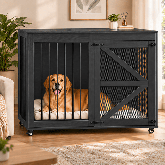 Nordee 47" Farmhouse Dog Crate Furniture with Barn Door, Wooden Dog Kennel for Large Dogs, Black