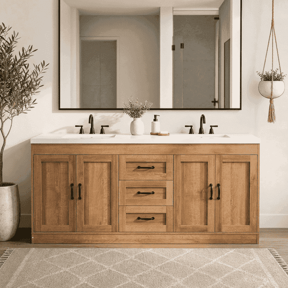 Nordee 60" Bathroom Vanity with Double Sink, Bathroom Vanity with Two Storage Cabinets and Three Drawers, Faucet Not Included