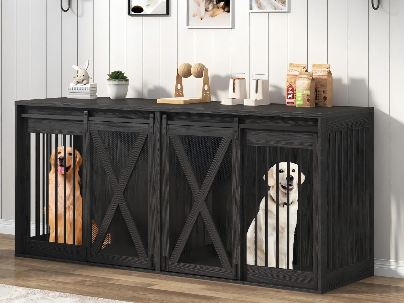 Nordee 78.7" XXL Dog Crate Furniture for 2 Large Dogs, Heavy Duty Double Dog Cage Large Breed, 35.4" Tall Thick Wooden Dog Kennel TV Stand with Divider, Black