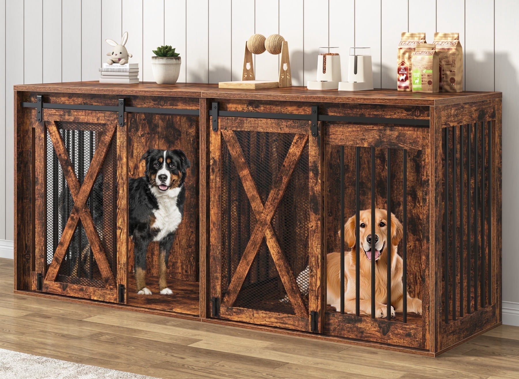 Nordee 78.7" XXL Dog Crate Furniture for 2 Large Dogs, Heavy Duty Double Dog Cage Large Breed, 35.4" Tall Thick Wooden Dog Kennel TV Stand with Divider, Rustic Brown